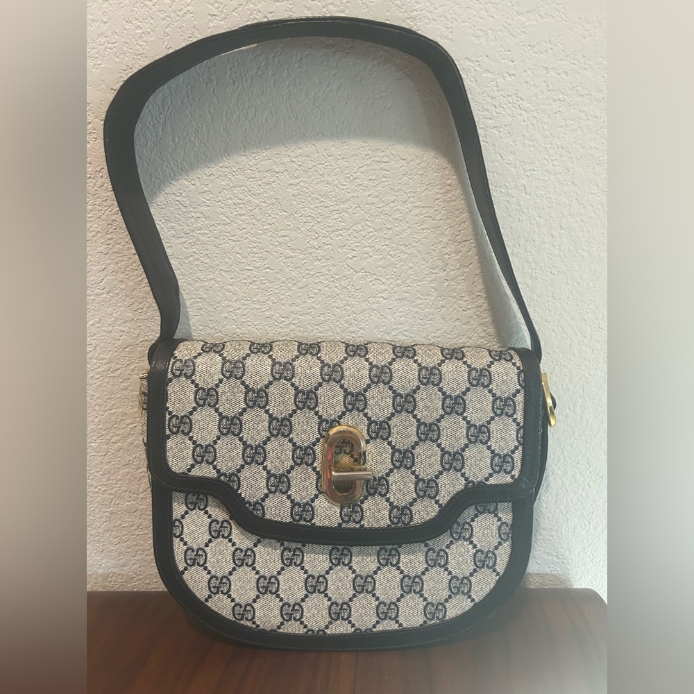 Gucci Navy GG Monogram Shoulder Bag with Leather Trim
